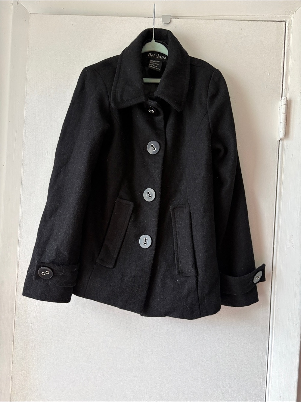 Me Jane Black Wool Blend Pea Coat with Button Front and Cuff Tabs